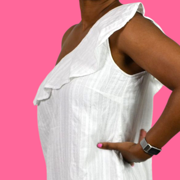 Cloth Stone One Shoulder Dress White Mini Shift Ruffle Textured Cotton Medium - Picture 9 of 14